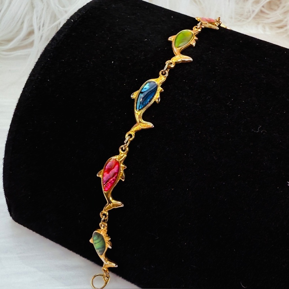 Colorful Dolphin Link Bracelet Gold Tone Ocean Coastal Nautical Jewelry